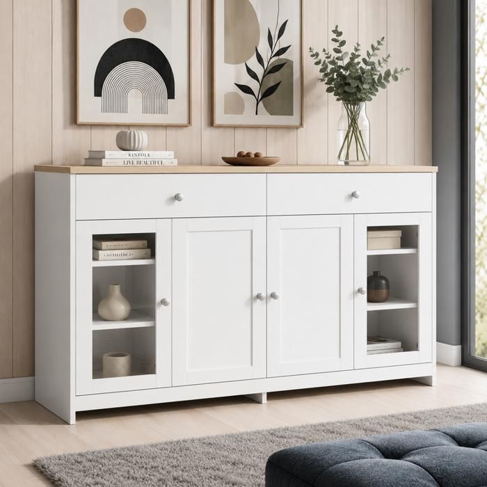 Buffet Bahut de Salon GlEEBI - 120 cm - 4 Portes et 2 Tiroirs - en Bois Blanc Veiné - une Porte Vitrée - la Salle à Manger