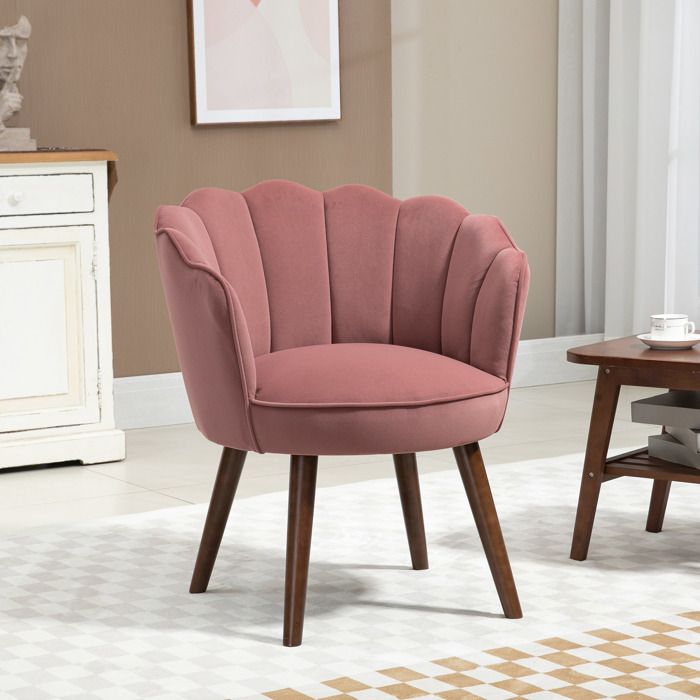 Fauteuil lounge - Coquillage - Dossier lotus - Velours rose - Pieds bois hévéa
