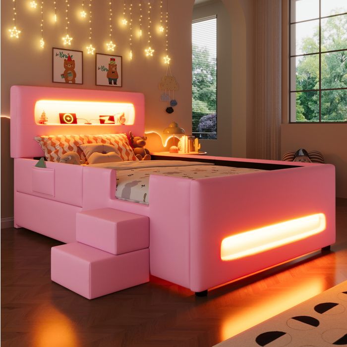 Lit plateforme capitonné rose 90 x 200 cm avec tiroirs LED USB escalier et rangement