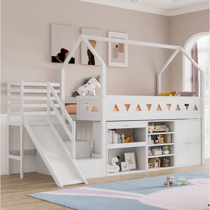 WUVRIE Lit combiné enfant 90 x 200 cm avec toboggan escalier tiroir placard sommier inclus blanc