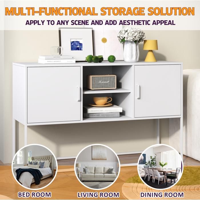 Modenuit buffet bas 120 x 40 x 75 cm en métal blanc 6 compartiments 3 étagères fixes sur pieds