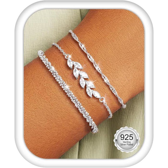 3 Pièces Bracelet Femme Argent 925 Réglable Bracelets Plaqué Or 14K Bracelet Cadeau Bijoux Femme Ado File Argent/Or/Or Rose[PP133]