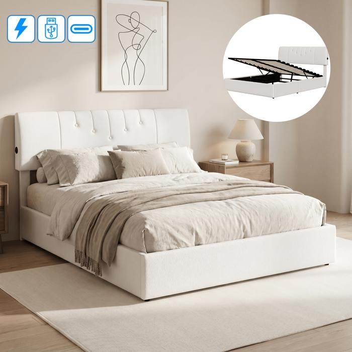 Lit coffre 140x190cm avec ports USB Lit capitonné 140x190 avec tête de lit réglable et rangement Sommier à lattes Velours Blanc
