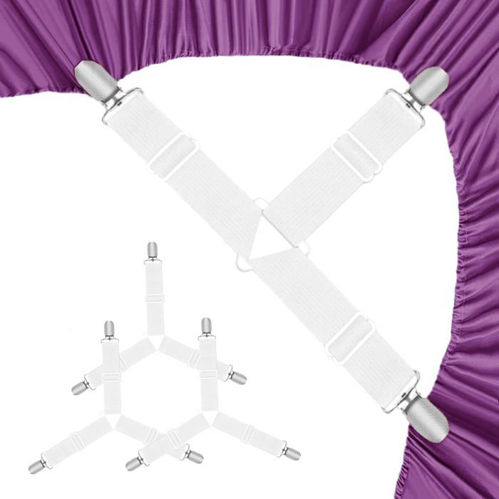 Attaches drap-housse réglables 4 pièces sangles élastiques à clips métal pour matelas maintien ferme blanc