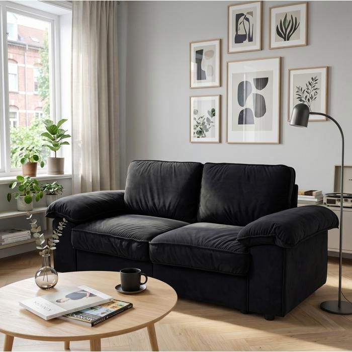 WOVREO Canapé fixe 2 places noir avec coffre de rangement accoudoirs larges tissu polyester Kurzpluesch bois massif MDF