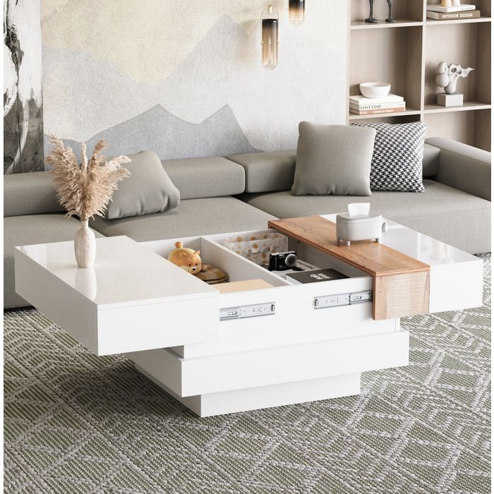 WUVRIE Table basse carrée 70 x 70 x 39 cm plateau extensible rangement caché 2 compartiments blanc et décor bois