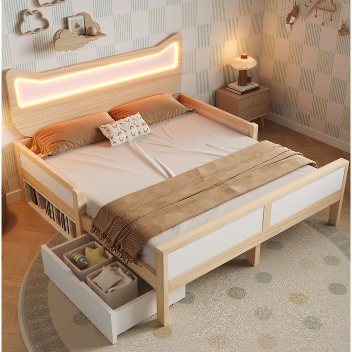 Lit Enfant avec Tête de Lit Chat LED RGB Sommier Tiroir et Rangement - ELVMI - Barrières Bois Blanc et Chêne 140 × 200 cm