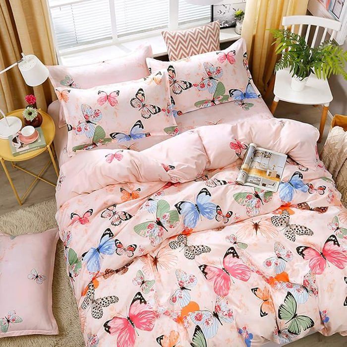 Housse de Couette 140x200 cm Microfibre - Parure de Lit avec Taie Literie Doux Motif Papillon Rose rose PARURE DE COUETTE