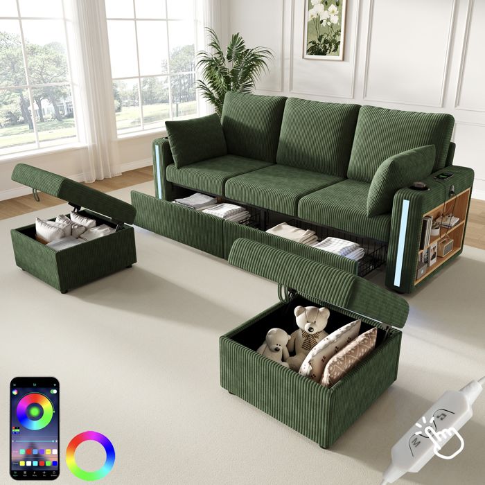Canapé modulable U/L avec 2 poufs coffre LED contrôlable USB Type-C porte-gobelets rangement vert