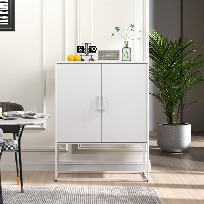 Buffet haut en métal blanc 85 x 40 x 109 cm meuble de rangement 2 portes avec 2 étagères fixes