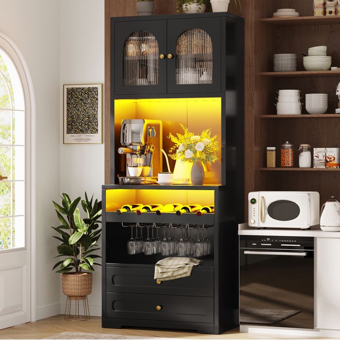 Buffet Haut LED par Application avec USB - LPOSPI - Portes Vitrées Cintrées MDF Noir 70 × 40 × 180 cm