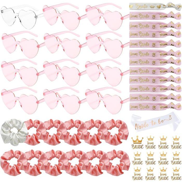 49 Pièces Lunettes en Forme Coeur Bracelets Team Bride Autocollants Kit Lunettes Evjf 12 Paires Bracelets Team Bride Lunette-Rose