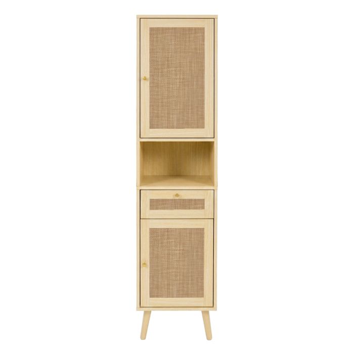 Armoire haute 40×30×166 cm salle de bain MDF rotin portes réversibles fermeture silencieuse tiroir étagère ouverte Armoire haute 40×30×166 cm salle de bain MDF rotin portes réversibles fermeture silencieuse tiroir étagère ouverte
