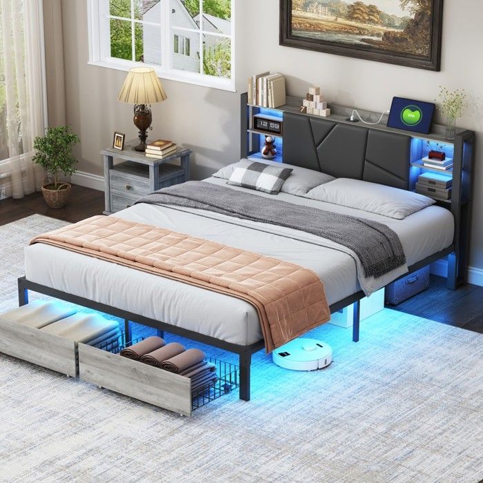 Lit double cadre sommier à lattes avec éclairage LED ports USB et tiroirs rangement 140x200 cm