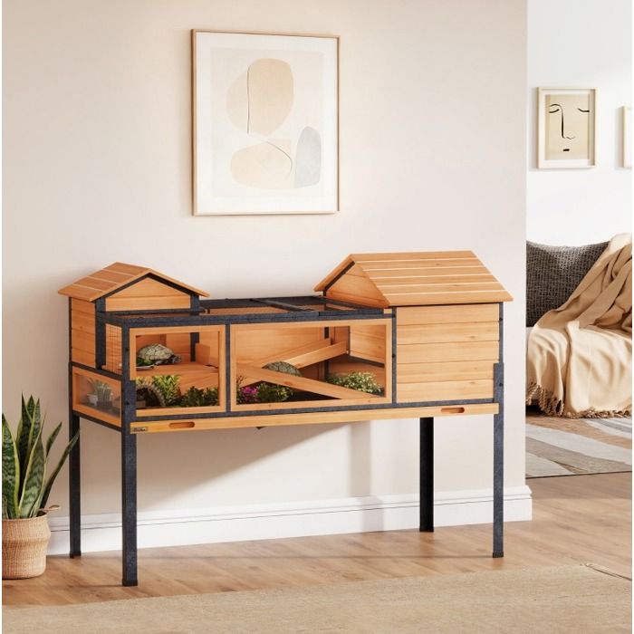 Maison pour tortue en bois et acier jaune 128 x 63 x 96 cm enclos surélevé à deux niveaux avec rampes et fenêtres