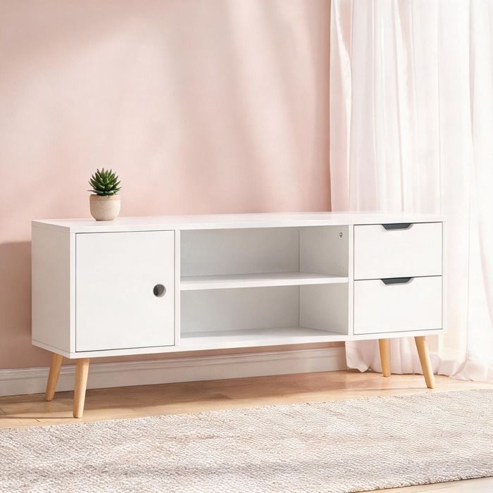 Meuble TV style scandinave avec rangements 47.24L x 11.02W x 17.32H pouces blanc