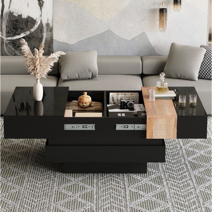 Table basse carrée noire 70 x 70 x 39 cm extensible rangement dissimulé plateau brillant MDF