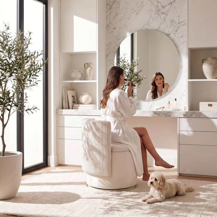 Tabouret Coiffeuse en Velours avec Rangement Pivotant à 360°Beige