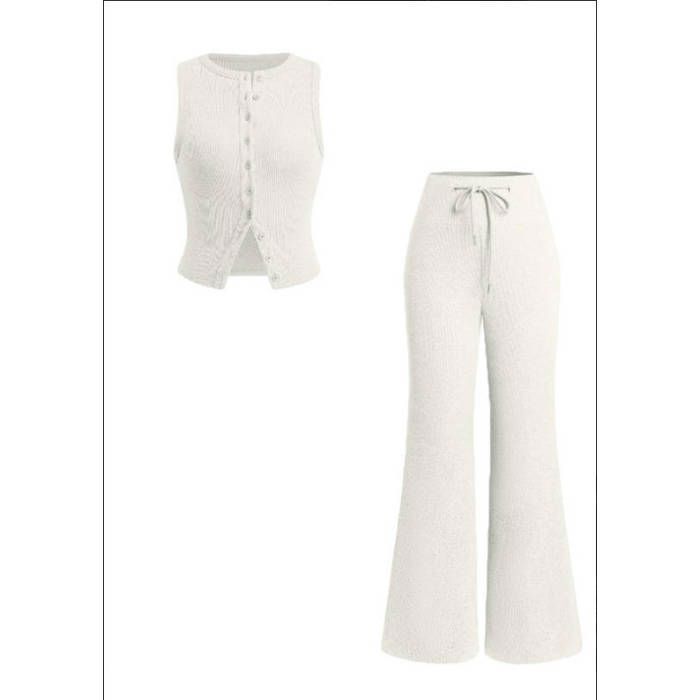 ENSEMBLE DE VETEMENTS DE SPORT Ensemble femme 2 pièces débardeur boutonné sans manches pantalon large taille haute côtelé S-XXL