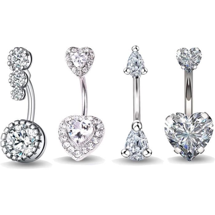 2 Anneaux De Nombril En Acier Chirurgical 316L - Barre De 10 Mm, Diamètre 14G (1.6 Mm) - Avec Cristaux CZ - Pour Piercing Ventre