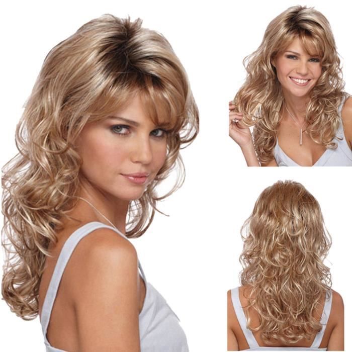 Perruque Longue Brune Ondulée Synthétique – Avec Frange Et Bonnet +4 – Femme