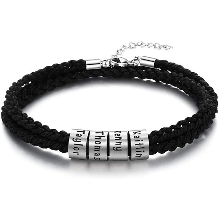 Bracelet avec Nom Personnalisé Bracelets en Cuir pour Homme en Acier