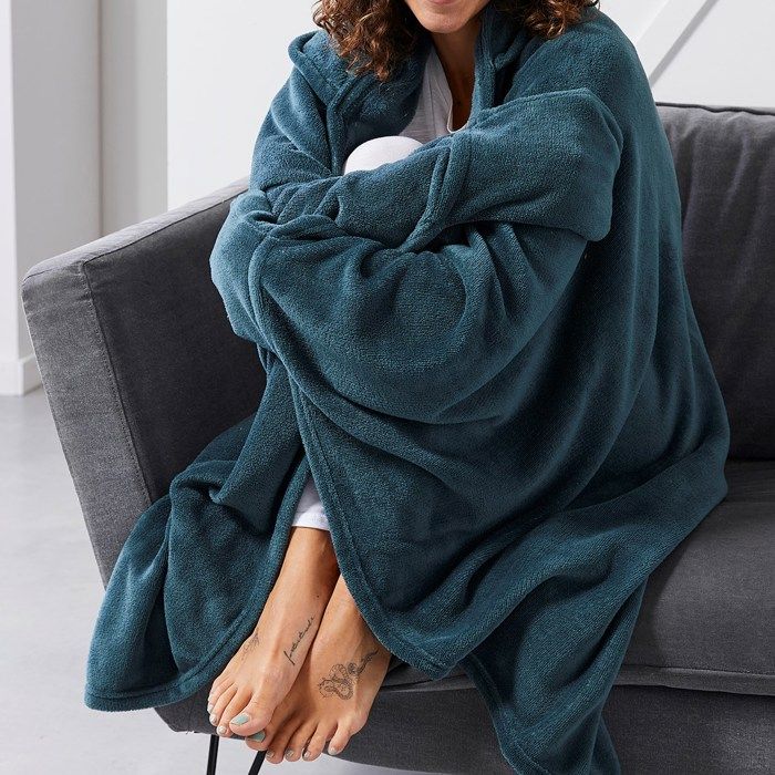 Plaid à capuche - TODAY - Uni Bleu - Doux et moelleux - 115x165 cm - Polyester 180 GSM