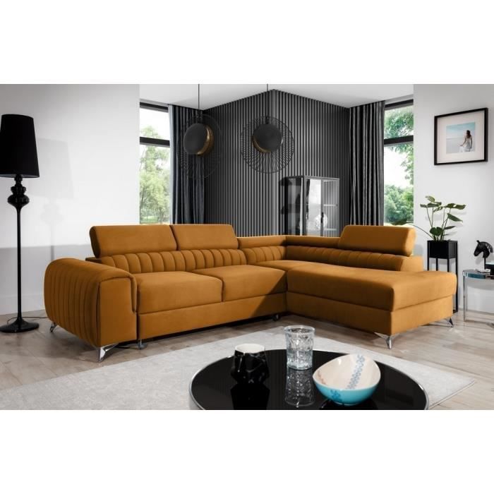 Canapé dangle convertible - LARRY VELOURS - en tissu Luxe bronze 5 places angle droit (vu de face)