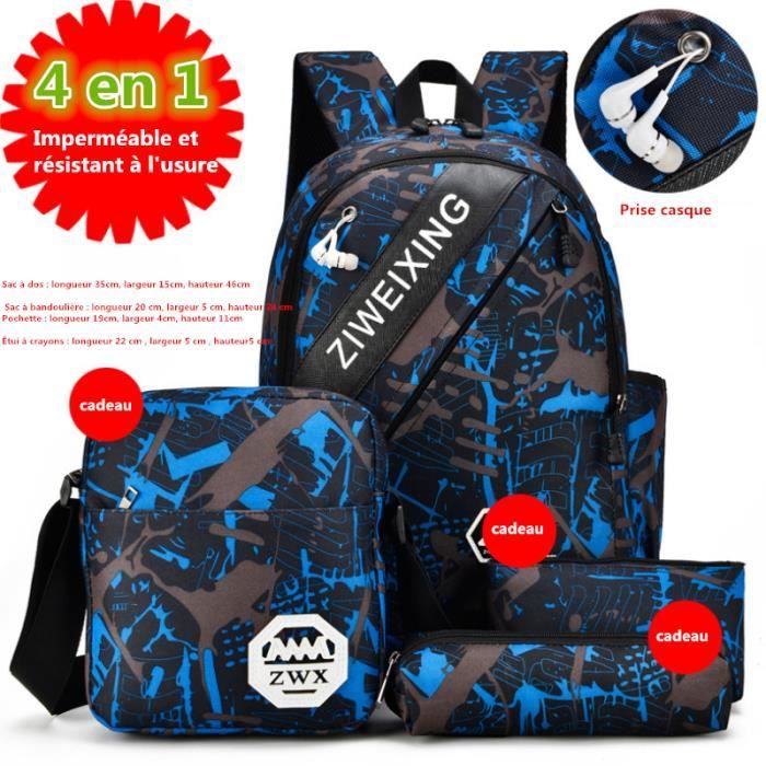 Sac a Dos Garcon, Cartable Camouflage Sets de Sacs Scolaires 4 en 1 Grande capacité Sac d Ecole École Intermédiaire Secondaire Sac E