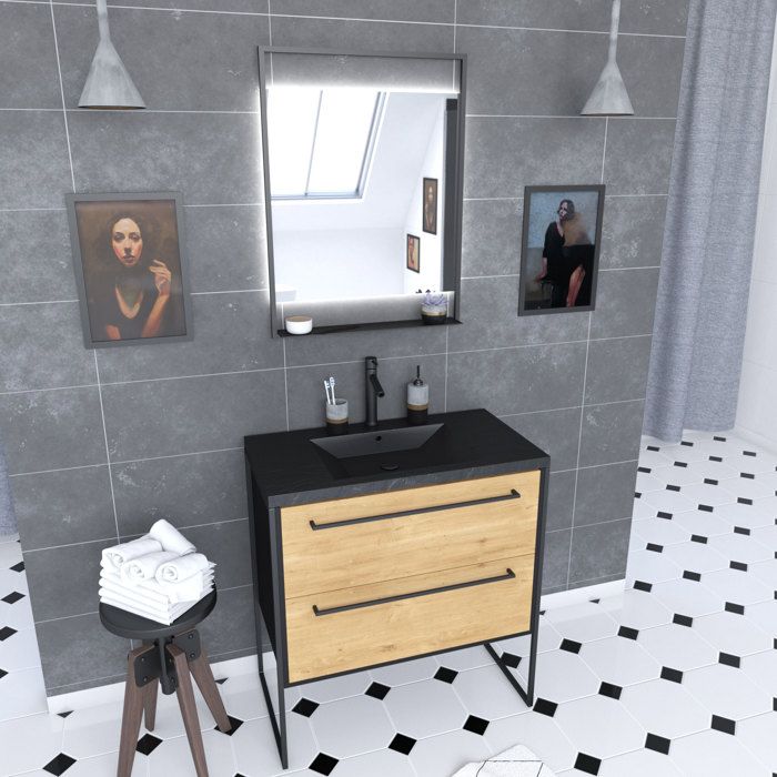 Pack meuble de salle de bain 80x50 cm Noir MAT - 2 tiroirs - vasque noir effet pierre - miroir LED Pack meuble de salle de bain 80x50 cm Noir MAT - 2 tiroirs - vasque noir effet pierre - miroir LED