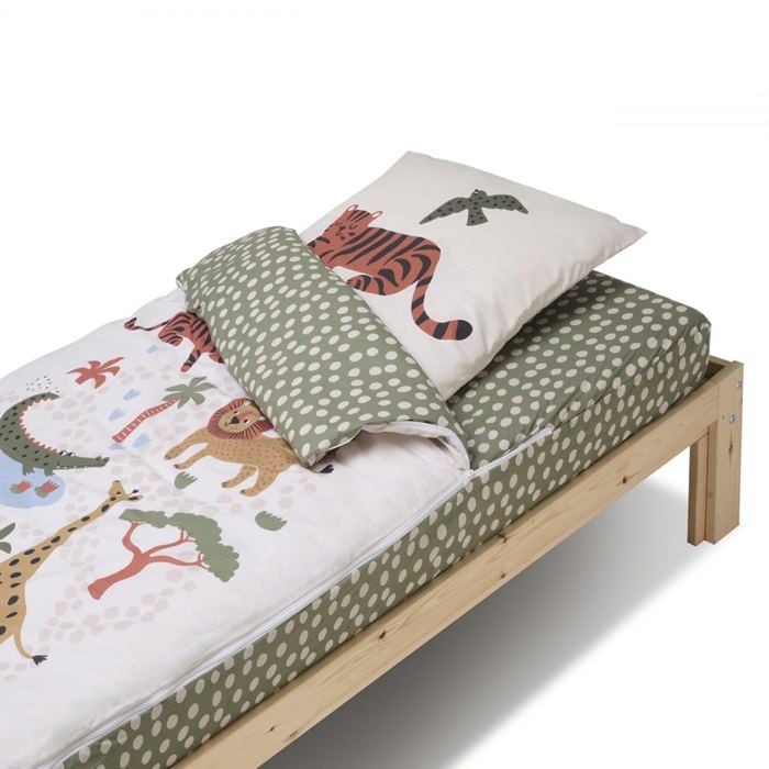 Parure de Lit Enfant Caradou® Jungle Vert clair en Coton 4 pièces: Couchage tout-en-un avec couette - 90x190cm - BLEU CALIN