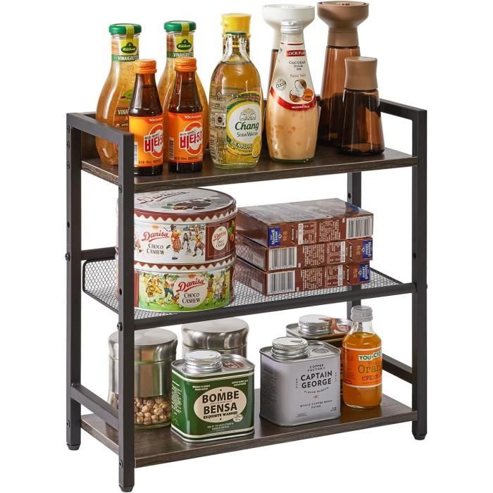 SONGMICS Étagère à Épices 3 Niveaux Bambou & MDF – Organisateur Cuisine, Bureau Ou Salle De Bain – Style Rustique Marron & Noir – OFS047B01