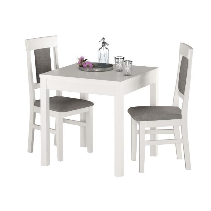 90.70-50-aw-set25 ensemble table à manger et 2 chaises rembourrées en tissu gris, bois en pin massif, peint en blanc