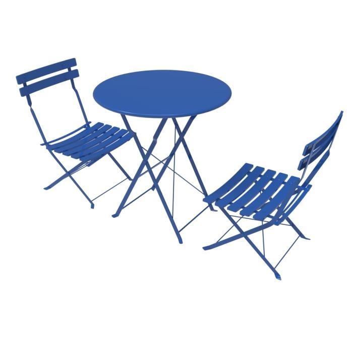 Ensemble de bistrot HUOLE 3PCS-1 - Table ronde 60*60 cm avec 2 chaises pliantes en acier - Bleu Foncé