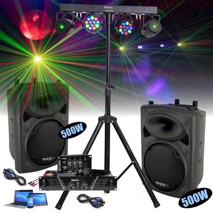 Pack Sono Ibiza Complet DJ300MKII - Ampli 480W - 2 Enceintes 500W Max -  Table de Mixage - Micro - 5 Projecteurs - 1 Machine à Fumée - Enceinte sono  DJ - Achat & prix