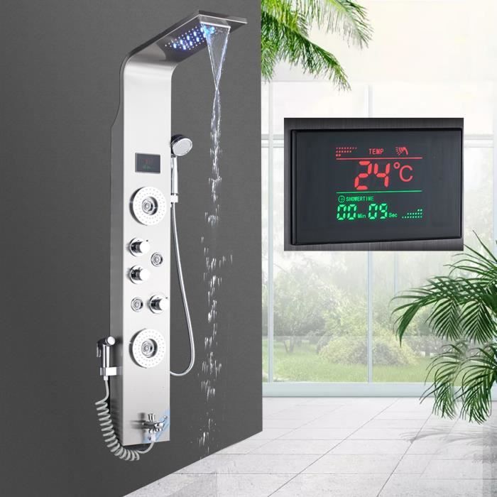 Panneau De Douche Numérique – Pluie, Cascade, Massage – Nickel Brossé – Neuf