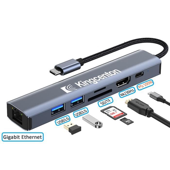 Kingcenton Hub USB C -7 en1 avec 1000M Gigabit Ethernet RJ45 -PD100W - HDMI 4K@30HZ -USB3.0, Lecteur de Carte SD-TF [KN-72]