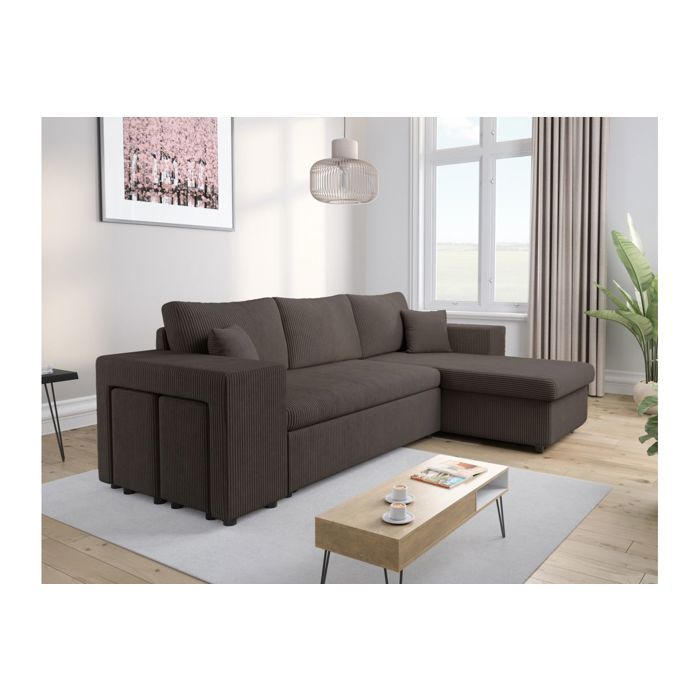 Canapé dangle réversible MADY avec coffre rangement poufs à gauche en velours côtelé gris foncé - L254 x P146 x H81cm - LOUNGITUDE Canapé dangle réversible MADY avec coffre rangement poufs à gauche en velours côtelé gris foncé - L254 x P146 x H81cm - LOUNGITUDE