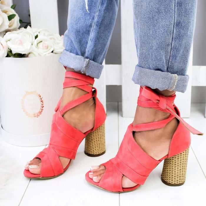 Femmes t Talons Hauts Chaussures Lacets Pompes Bride La