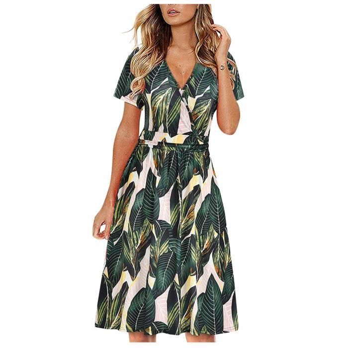 Robe Mi-Longue D?�contract?�e ?? Fleurs D'??t?� Manches Courtes Et Col En V Pour Femmes La Plage Vert 