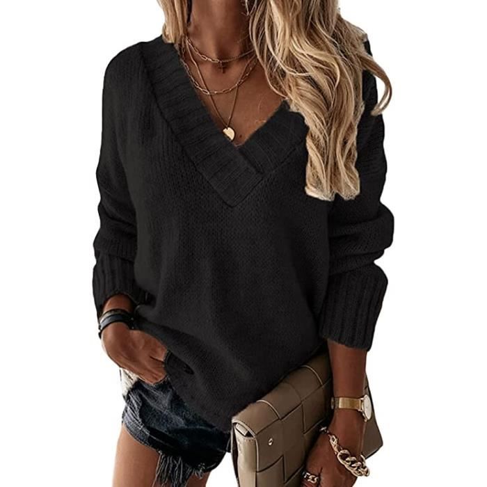 Pull Femme Col en V Pull en Tricot Elégant Ample Pullover Chaud Décontracté Manches Longues