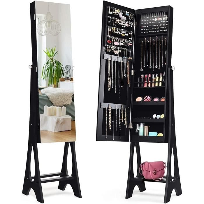 Armoire à Bijoux Sur Pied Blanc Avec Miroir Inclinable Verrouillable – 5 Compartiments, Support Triangulaire Stable, Rangement Pour Bijoux Et Maquillage