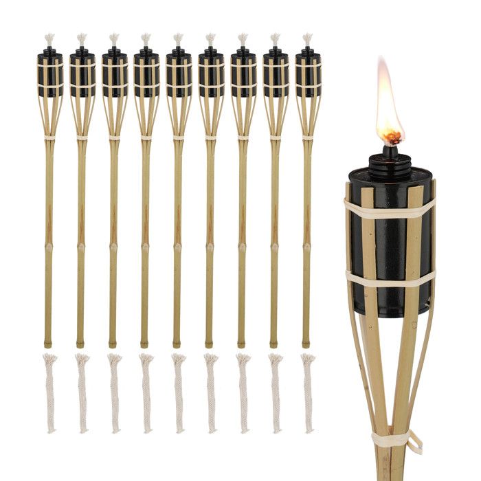 Torches Jardin Bambou Relaxdays - Lot De 10 Avec Mèches, Hauteur 80cm
