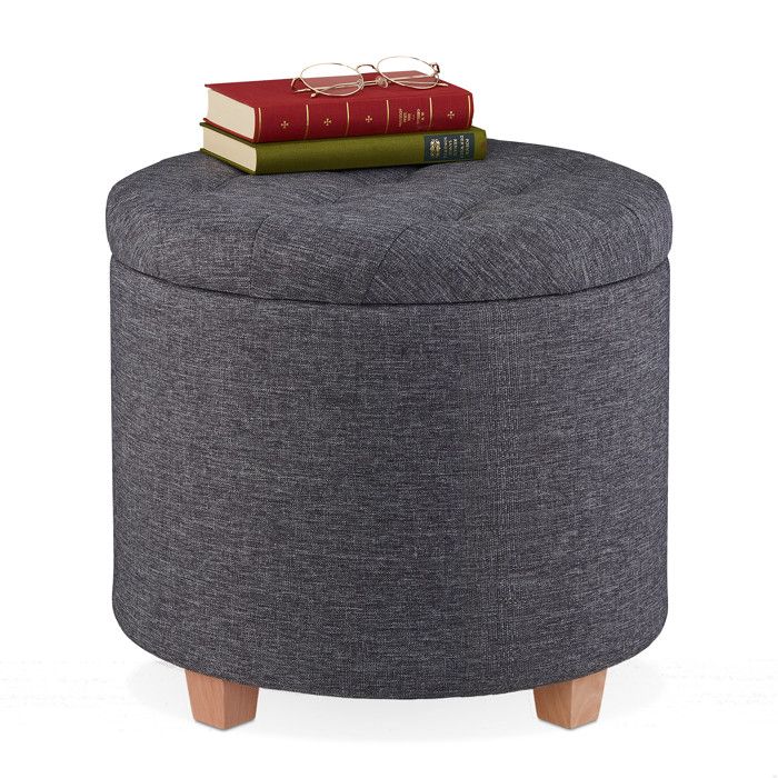 Relaxdays Pouf de rangement tabouret rembourré rond pour salon optique lin repose-pieds HxD 41 x 44 cm gris foncé