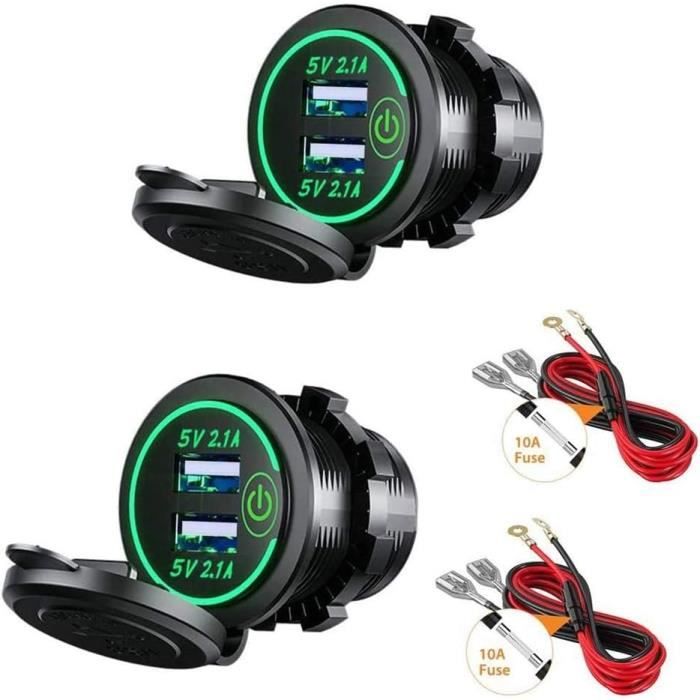 Chargeur Double USB 12V/24V Pour Voiture, Bateau, Moto – Avec Câble 23,7 Pouces, Sortie 2.1A Max – Imperméable