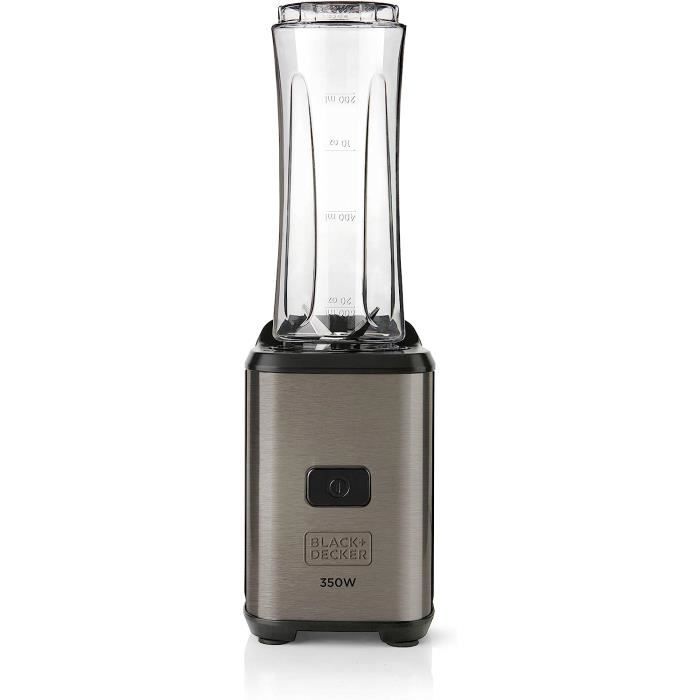 BLACK+DECKER BXJBA350E Mini Blender 350W - Smoothies & Milk-shakes Avec 2 Bouteilles 600ml Sans BPA, Lames Inox, Noir & Inox