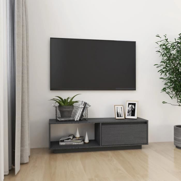 lac - meubles tv - meuble tv gris 110x30x33,5 cm bois de pin massif - dx3235