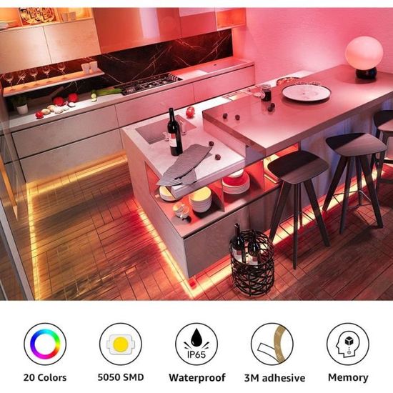 LE 10m Ruban LED RGB étanche IP65 SMD 5050 Multicolore Dimmable Bande  Lumineuse Adhésif 20 Couleurs 8 Modes avec Télécommande Bande LED  Décorative pour Chambre Miroir Cuisine(2 * 5m)