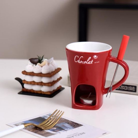 Set Fondue Au Chocolat En Céramique - Tasse, Fourchette Et Bougie - Pour Desserts Et Fêtes