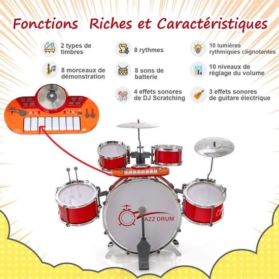 Kit de Batterie Jazz pour Enfants avec 5 Tambours Clavier 8 Clés